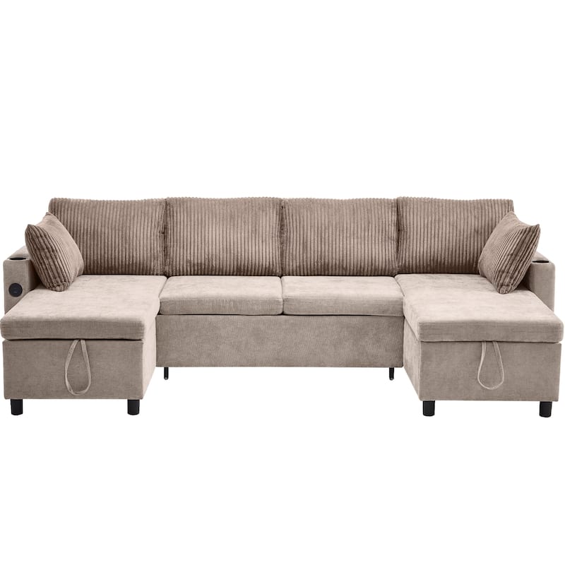 111.8" Chenille Sectional Sleeper Sofa U-Shaped Convertible Sofa Bed with Storage Chaise and USB Ports