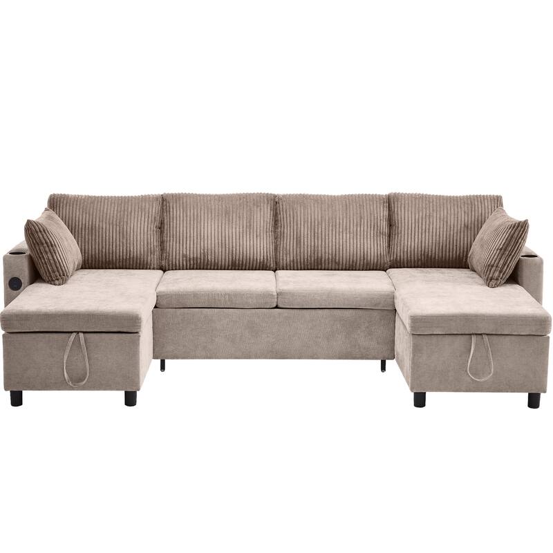 111.8" Sectional Pull-out Sofa Bed, Brown, Chenille, with Storage, USB & Cup Holders for Living Room