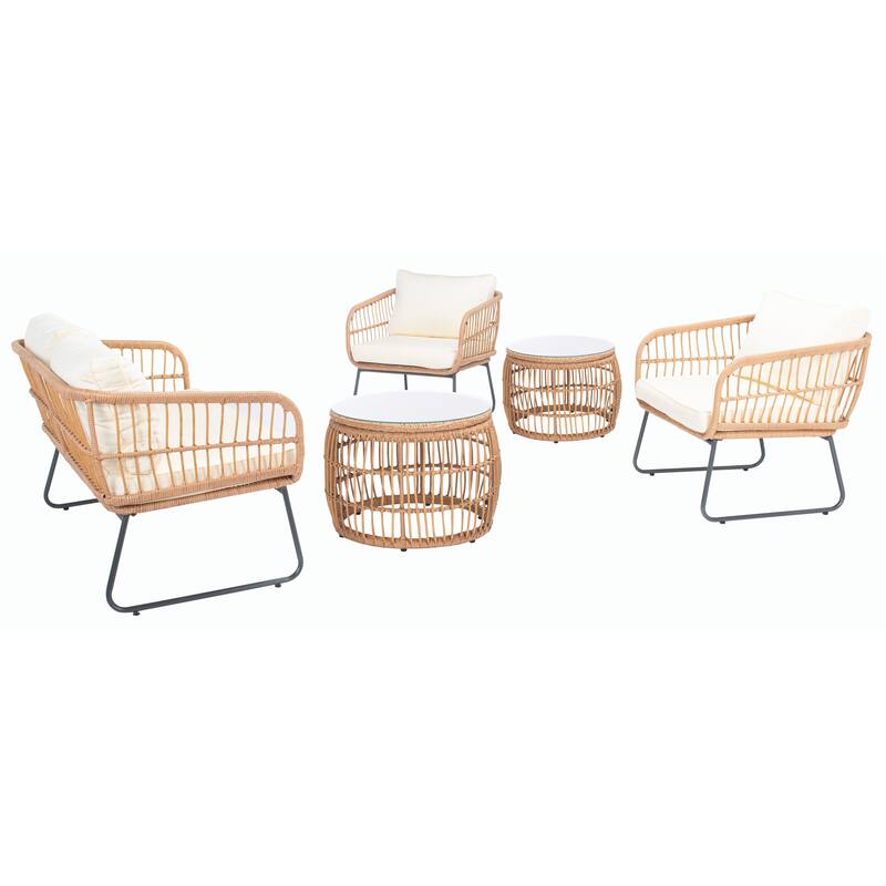 SAFAVIEH Outdoor Leyla 5-Piece Living Set - 50W x 28D x 28H - Natural/Beige