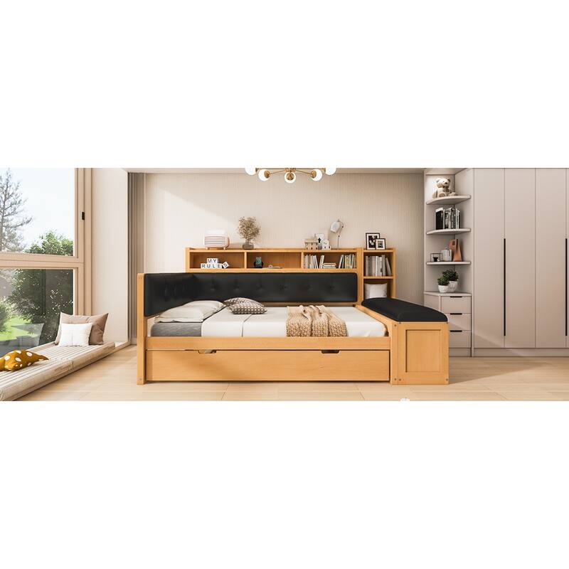 Roomfitters Full Wood Daybed with Trundle, Storage Shelves and Side Bench