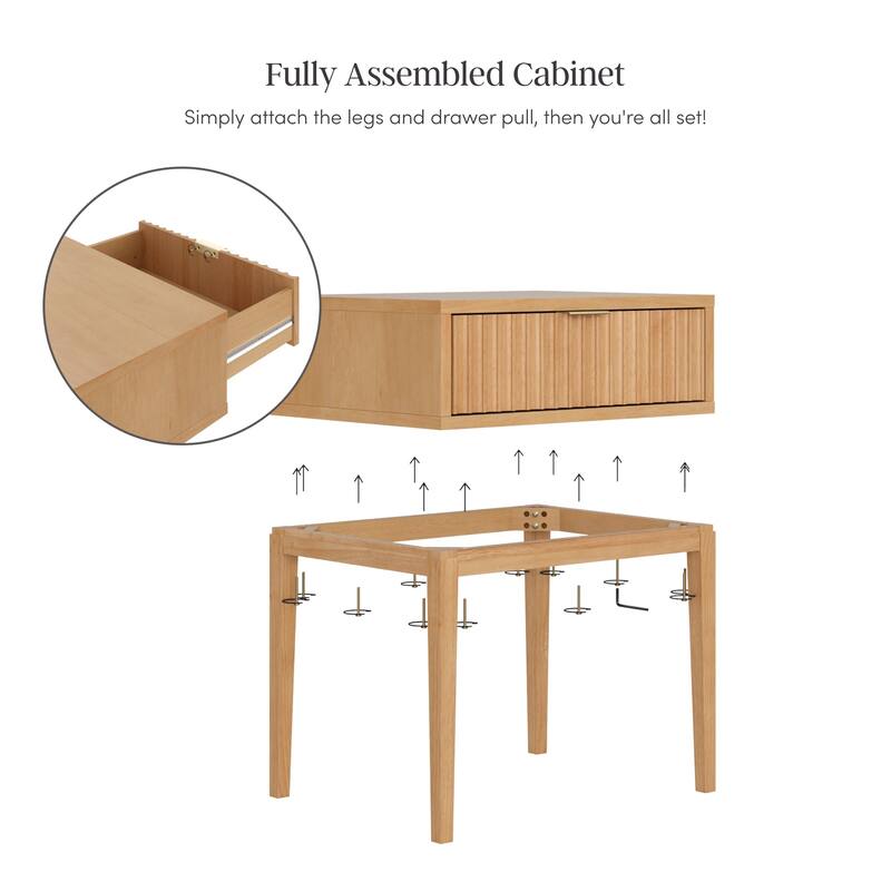 Jasper Mid-Century Modern Nighstand, Side Table with Storage and Fluted Drawer Doors with Brass Handles