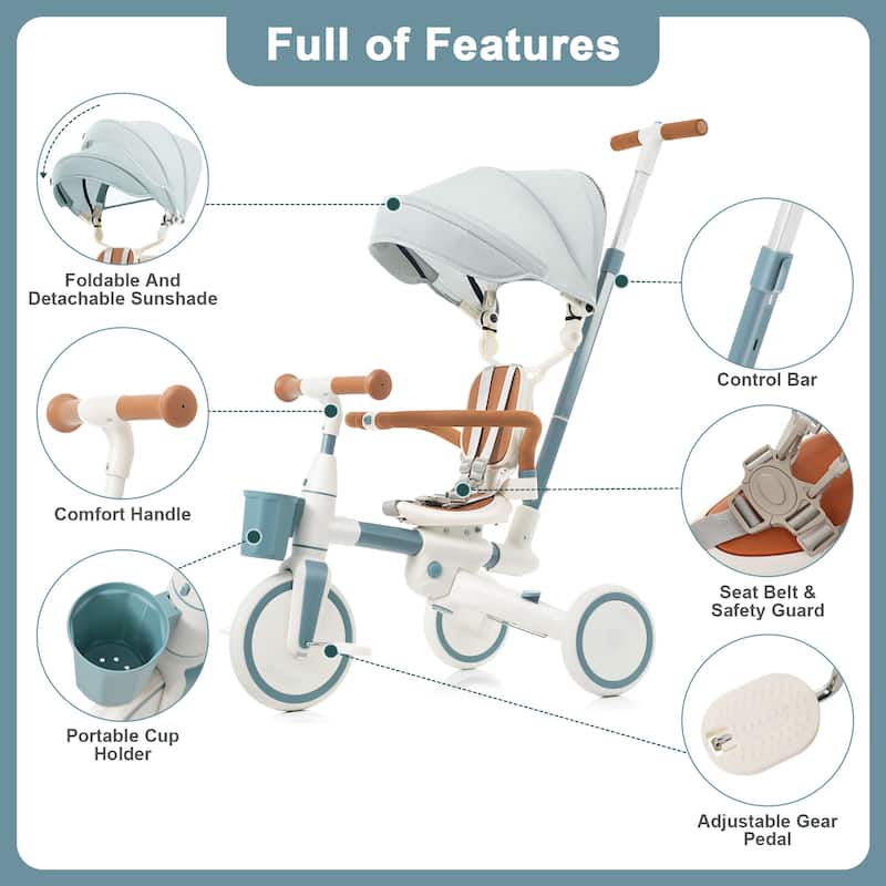 7-in-1 Baby Tricycle with Rotating Seat, Toddler Push Trike with Adjustable Handle, Canopy & Guardrail, Ages 18-72 Months