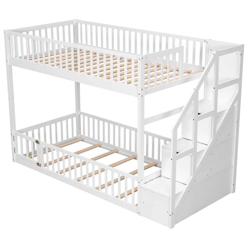Twin Over Twin Floor Bunk Bed Frame with Storage Stairs and Door