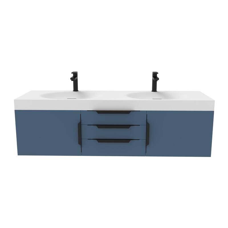 Thames 60" Shallow Basin Wall Mounted Bathroom Vanity Set w/ White Top - Blue - Matte