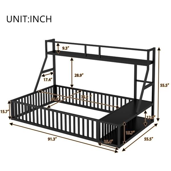 dimension image slide 0 of 4, Floor Bed Frame with Safety Fence, Metal Floor Bed with Desk and Storage Shelves, Playhouse for Kids
