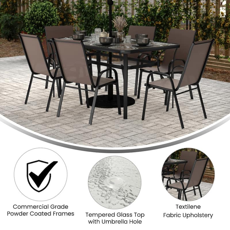 7 Piece Patio Dining Table and Chairs Set with Glass Table and 6 Chairs