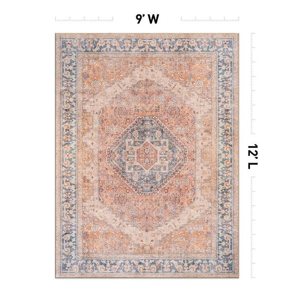 dimension image slide 25 of 36, Medallion Flat Pile Washable Rug – Pet Friendly, Non-Slip, Perfect for Entryway, Living Room, and Bedroom