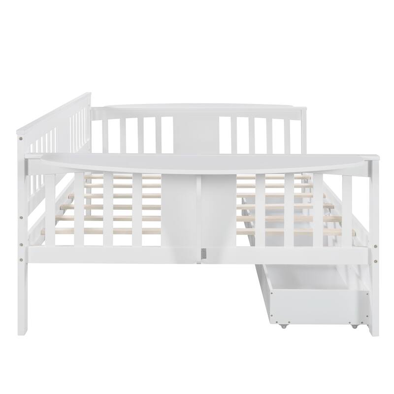 Full-size Daybed Sofa Bed with Two Drawers, Handrails, and Wood Slat Support