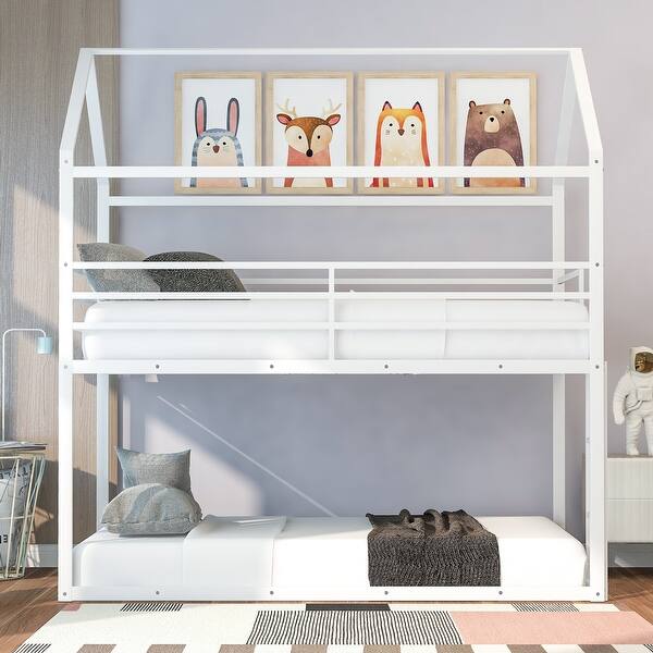 slide 2 of 20, Space-Saving Twin over Twin House Bunk Bed with Metal Frame & Built-In Ladder White