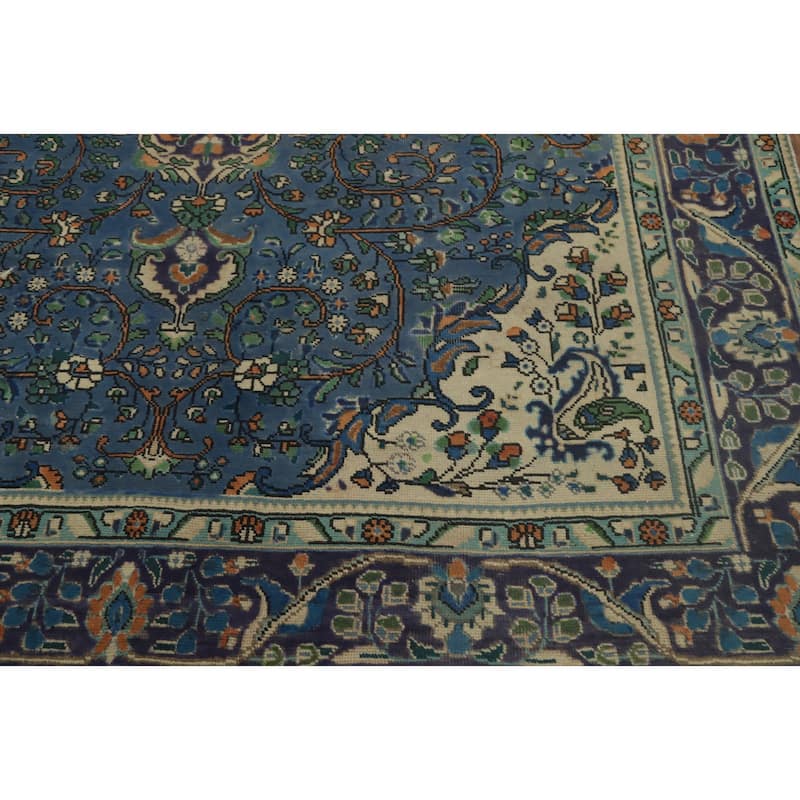 Hand Knotted Oriental 100% Wool Carpet Traditional Floral Navy Blue & Blues Tabriz Area Rug - 9' 4'' X 6' 9''