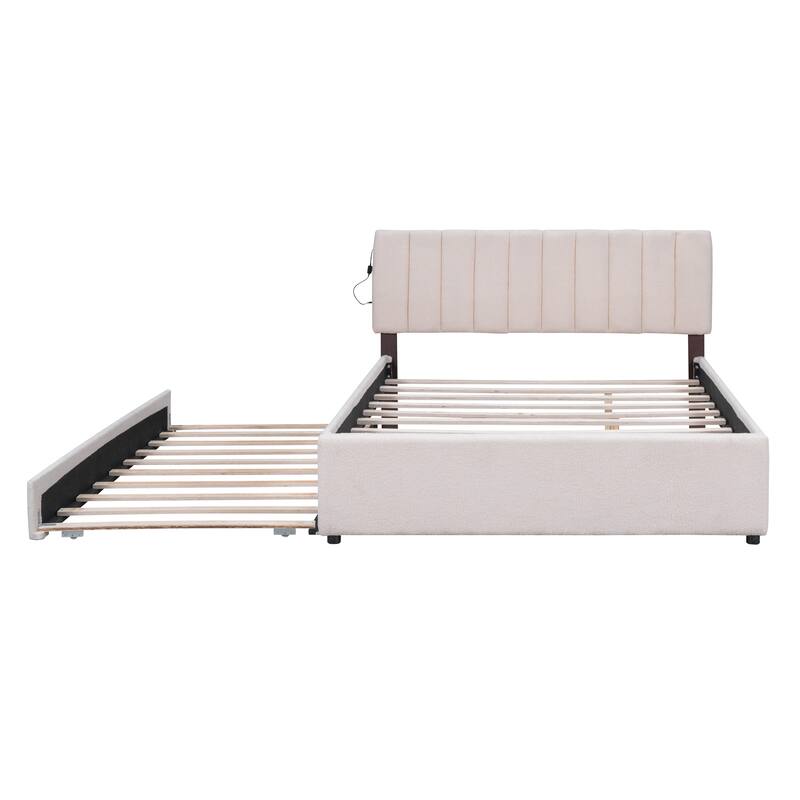 Queen Upholstered Platform Bed with Stripe Headboard, LED Lighting, and Twin XL Trundle