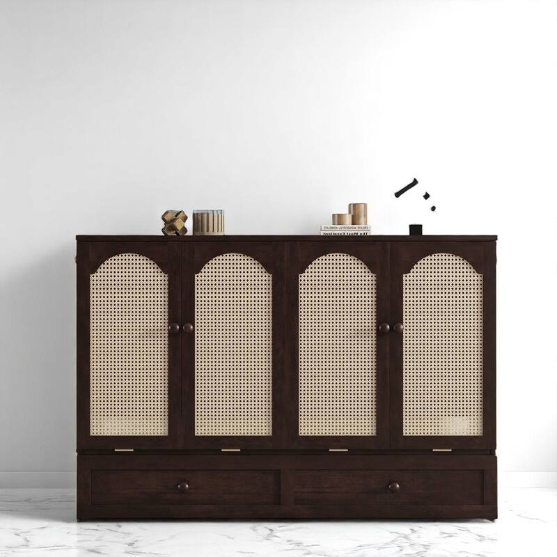 Space-Saving Queen Murphy Bed with Rattan Decoration, Power Station & Large Drawer - Espresso - Queen
