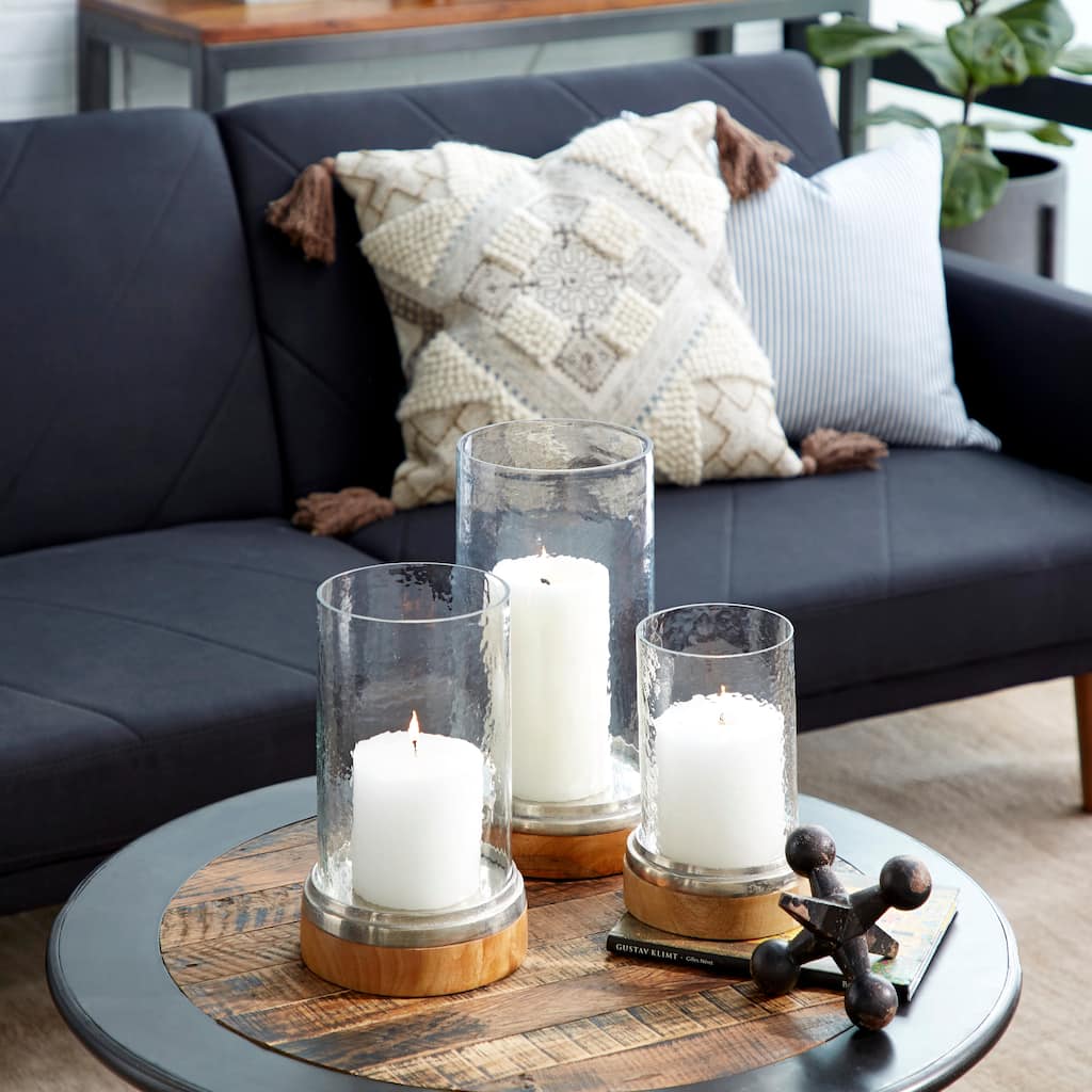 Brown Wood Pillar Hurricane Lamp with Glass Candle Holders (Set of 3)