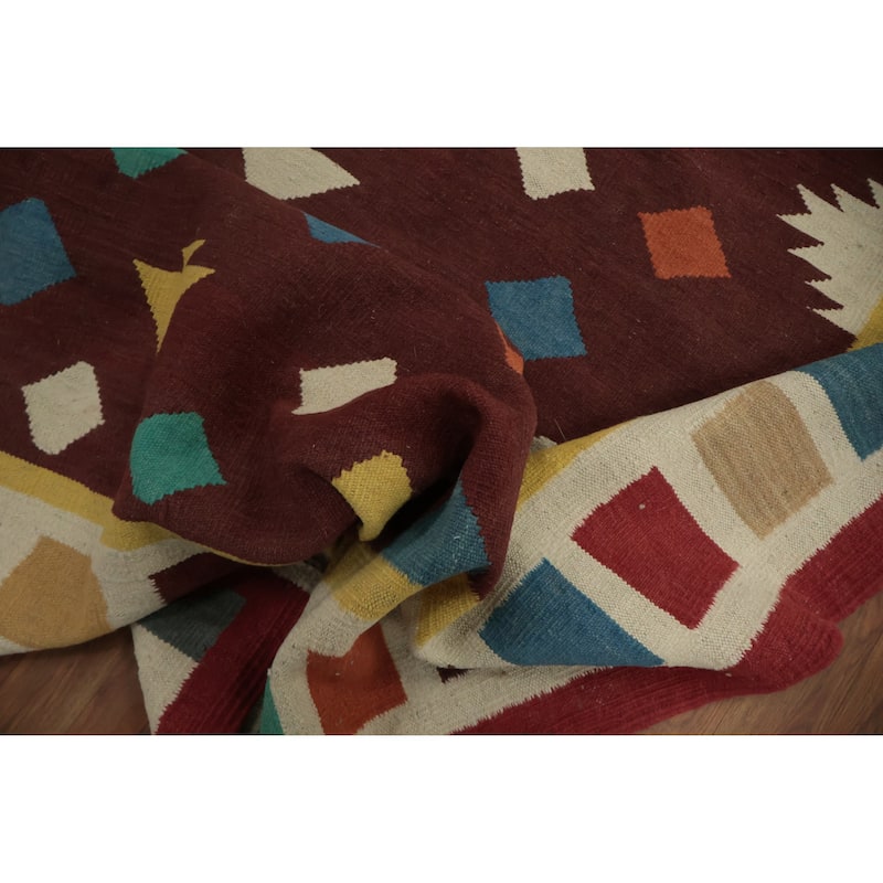 Hand Woven Oriental 100% Wool Carpet Southwestern Tribal Brown Kilim Area Rug - 9' 9'' X 8' 6''