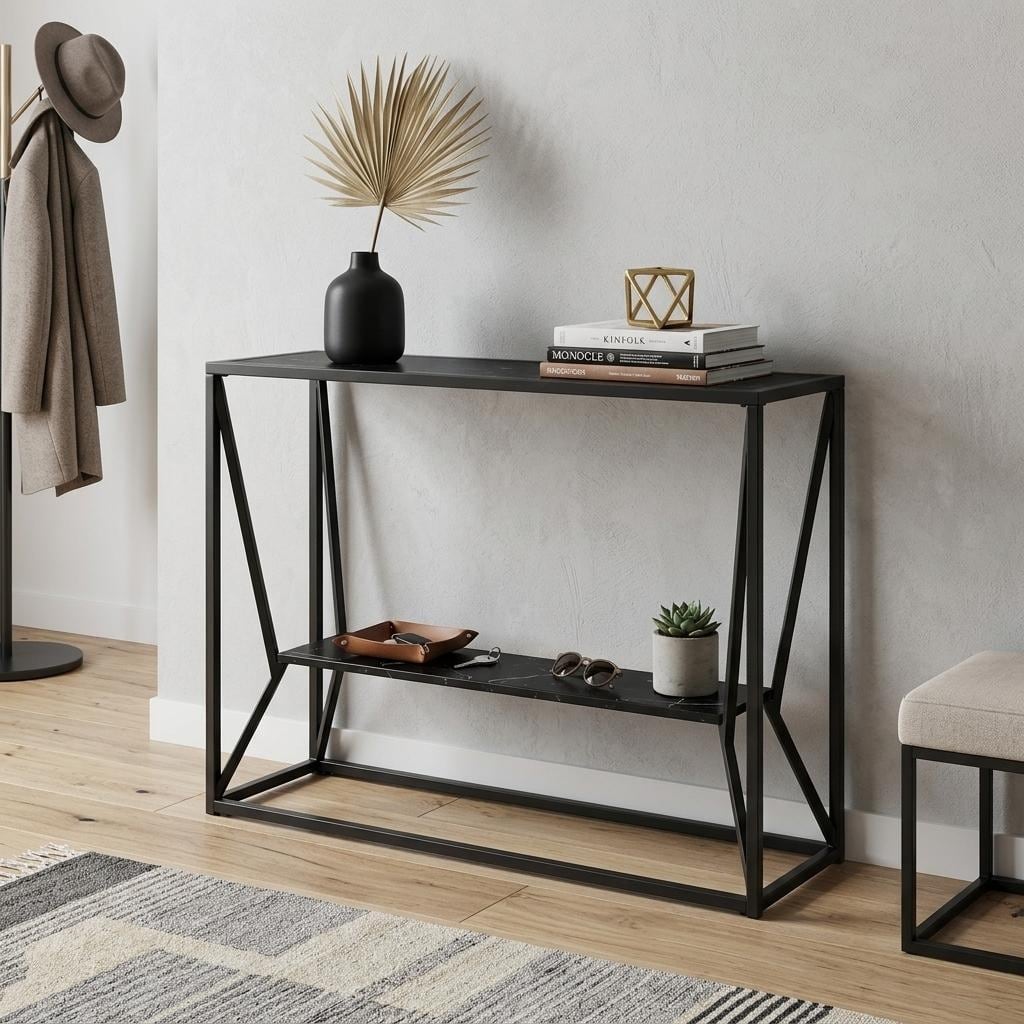 HomeRoots 42" Black Glass and Metal A Frame Console Table With Shelf - 42.00 in. x 29.75 in. x 14.50 in.