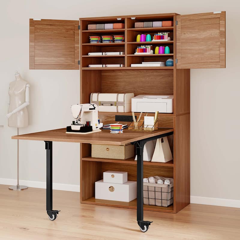Moasis Expandable Crafting Table with Storage, Artwork Sewing Table with Cabinet and Magnetic Doors & Power Outlets