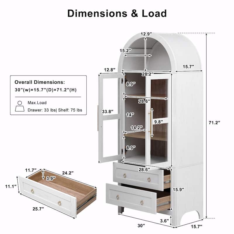 71" Tall Arched Kitchen Pantry Cabinet with 2 Large Drawers