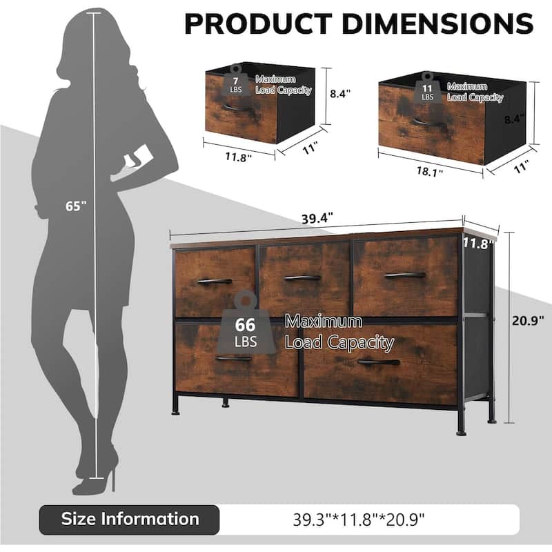 Dresser for Bedroom, Chests of Drawers, Storage Organizer with 5 Drawers, Sturdy Metal Frame, Wood Tabletop
