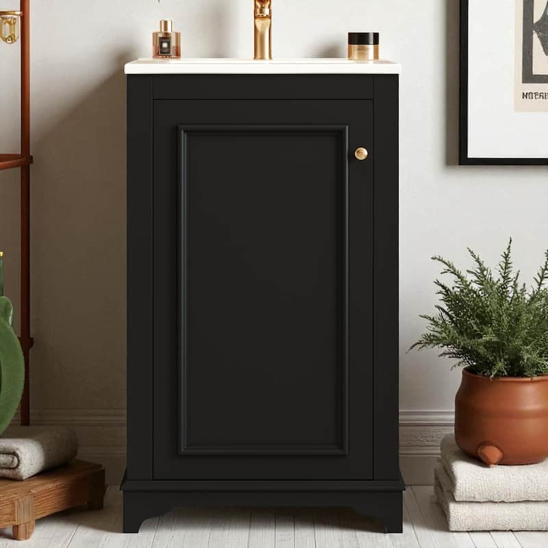 20-Inch Freestanding Bathroom Vanity with Ceramic Sink, Shaker Style, Soft-Close Door, Adjustable Shelf, Solid Wood/MDF - Black