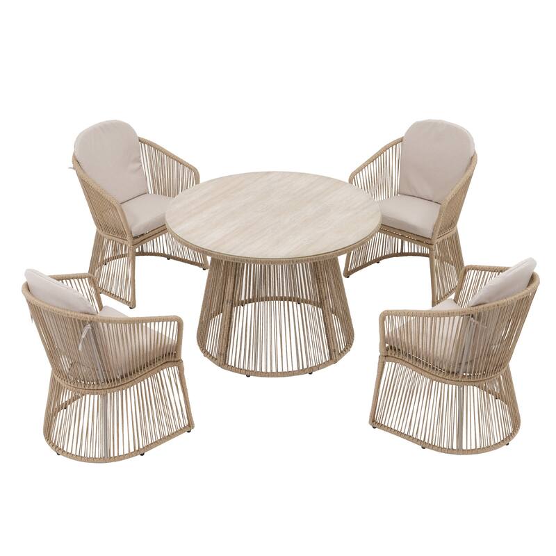 5 Pieces Outdoor PE Rattan Patio Dining Set with Round Tempered Glass Table
