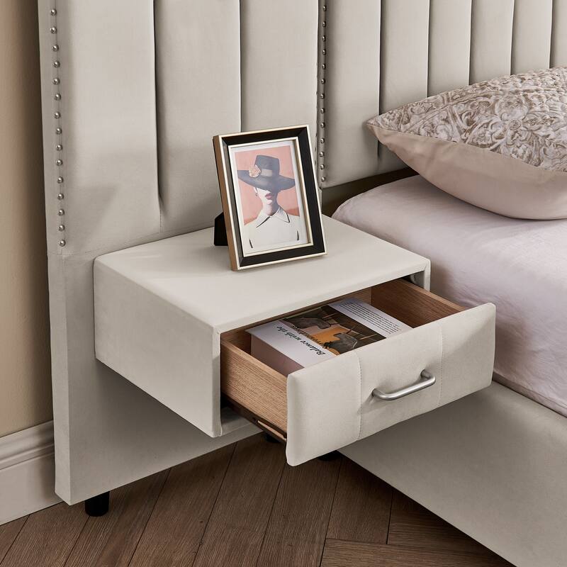 King Size Upholstered Bed Frame with Velvet Fabric, Vertical Stripe Design with Buttons Around King Size Platform Bed