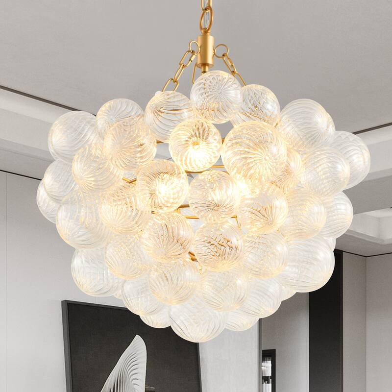 Modern Gold Pendant Light Chandelier with Threaded Clear Glass Globe Shade Adjustable Height, for Living Room, Dining Room