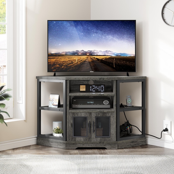 Moasis Farmhouse Corner TV Stand for TVS Up to 55 Wood TV Media Console Entertainment Center Grey Oak