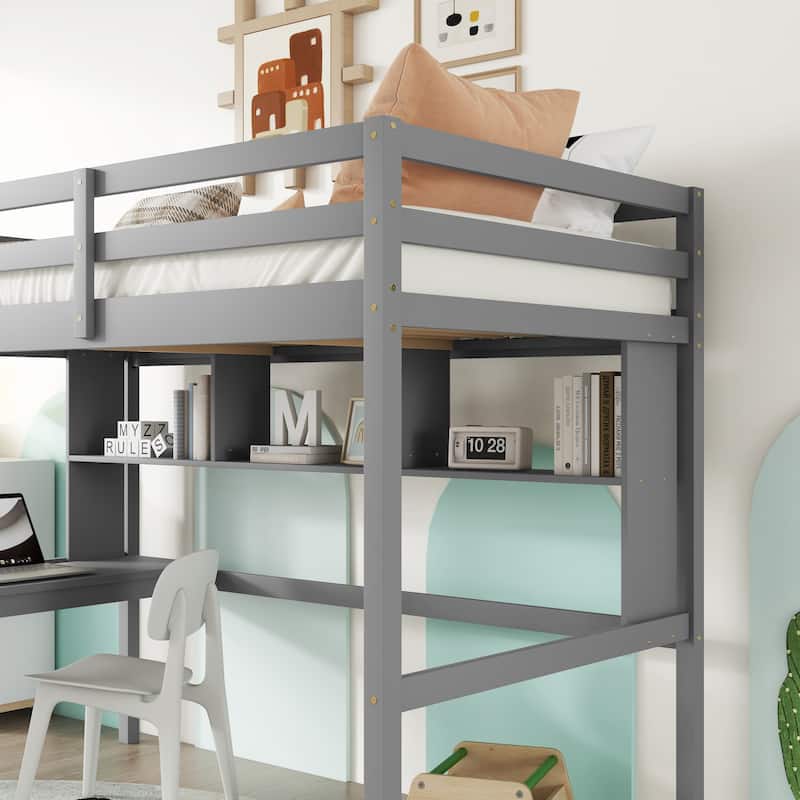 Grey Twin Size Wood Loft Bed with desk and shelves, Safety Guardrail and ladder