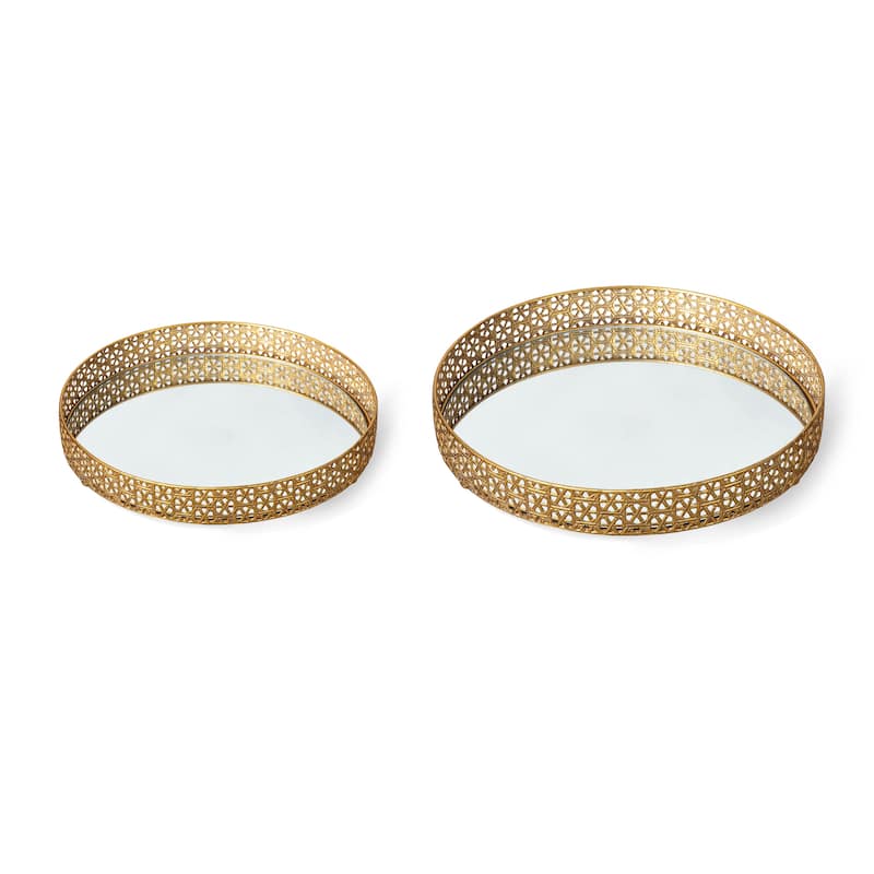 Glitzhome Set of 2 Round Metal Gold Mirrored Decorative Trays -13"/15"L
