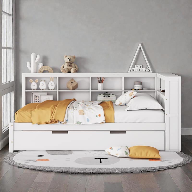 Twin/Full Wooden Daybed with Twin Trundle, Storage Shelf, USB Charging Ports, Slat Support, Space-Saving Design