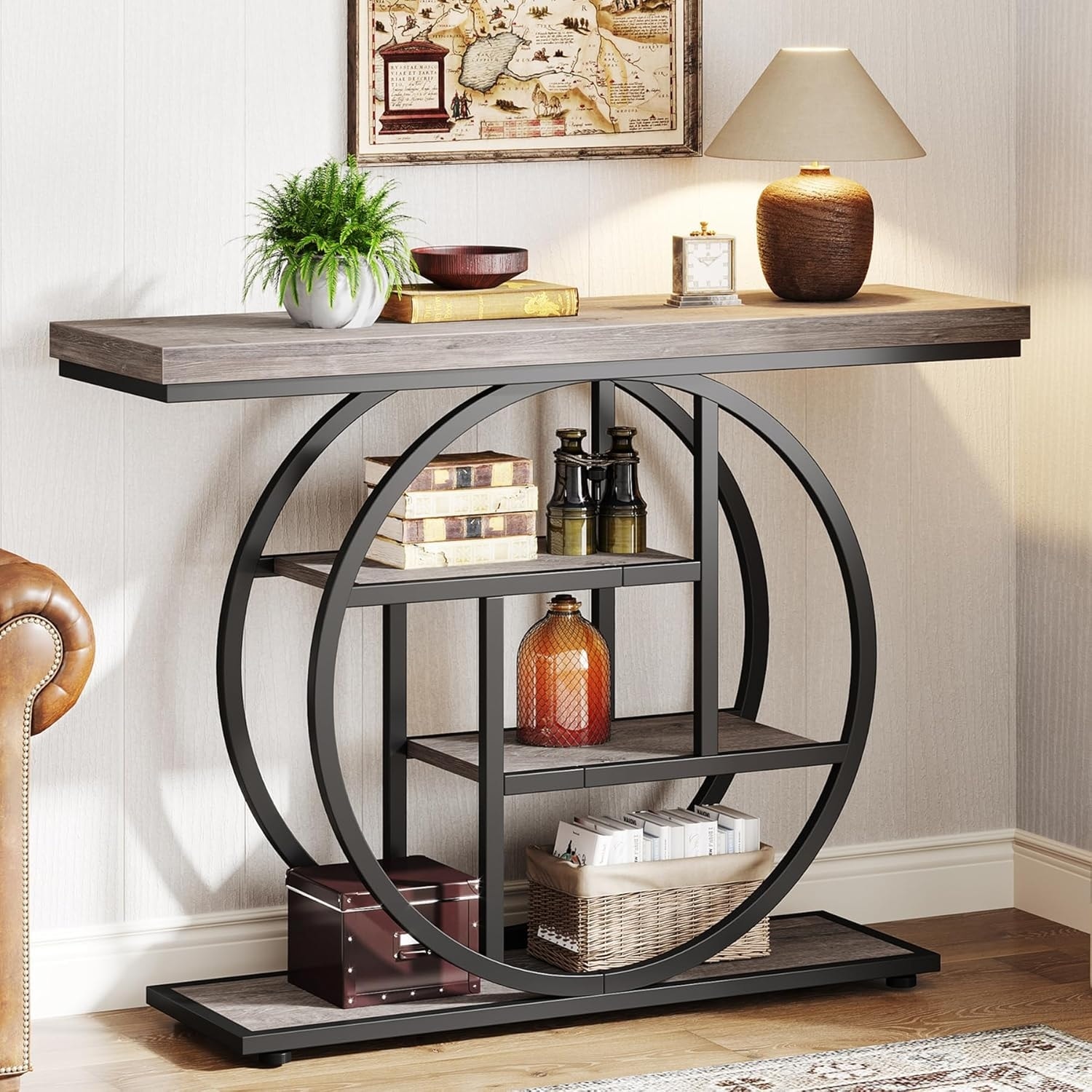 41.3" Console Table, Industrial 4-Tier Entryway Table with Circle Base - 41.3" W x 11.8" D x 31.5" H