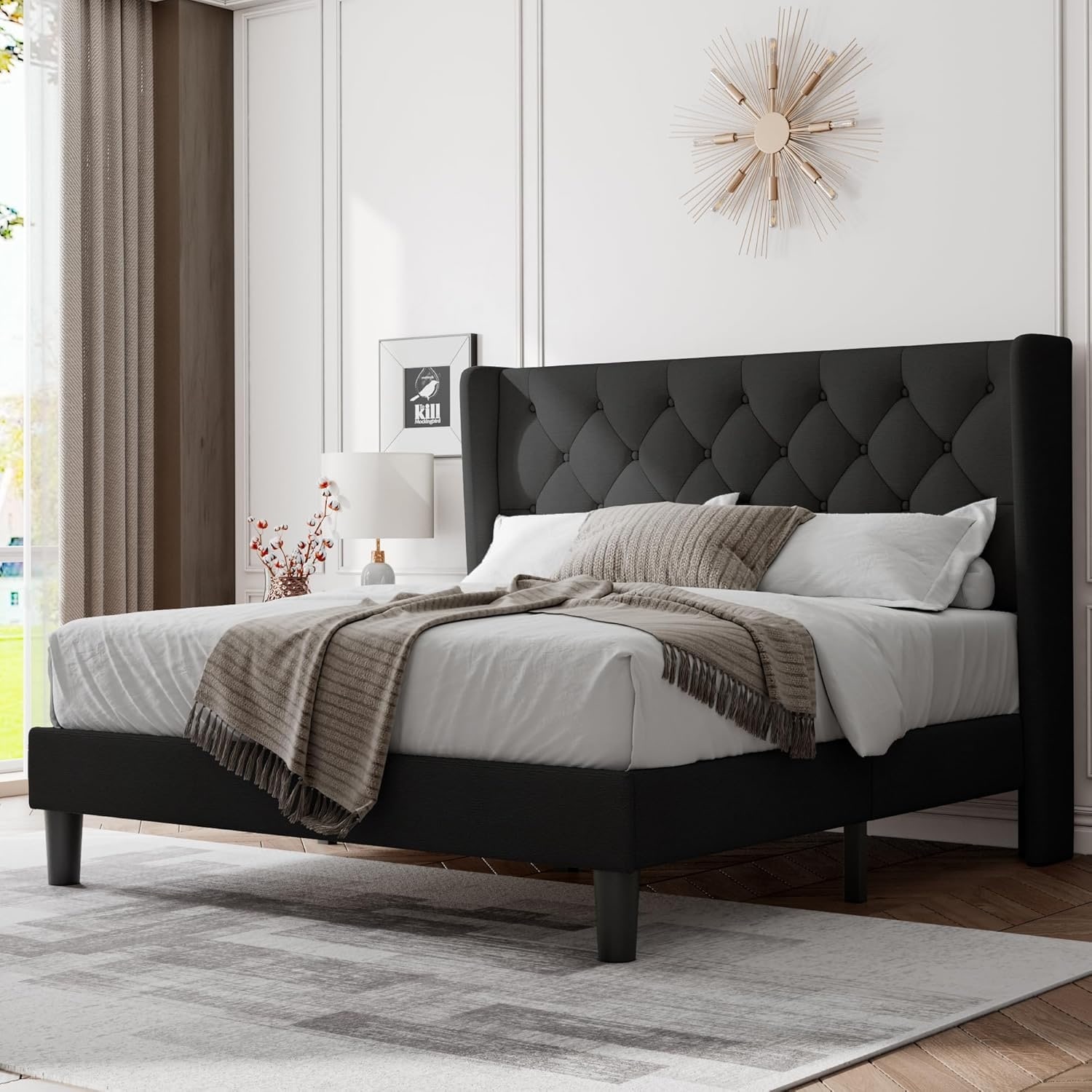 Full Size Bed Frame with Wingback Headboard, Button Tufted Platform, Heavy Duty Wooden Slats, Easy Assembly, Noise-Free, Black