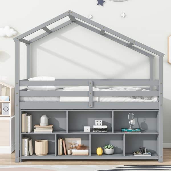 slide 2 of 20, Twin Size House Loft Bed wRoof, Under Bed Shelving Storage Unit, Platform Bed with Guardrails and Ladder, No Box Spring Needed Gray - Twin
