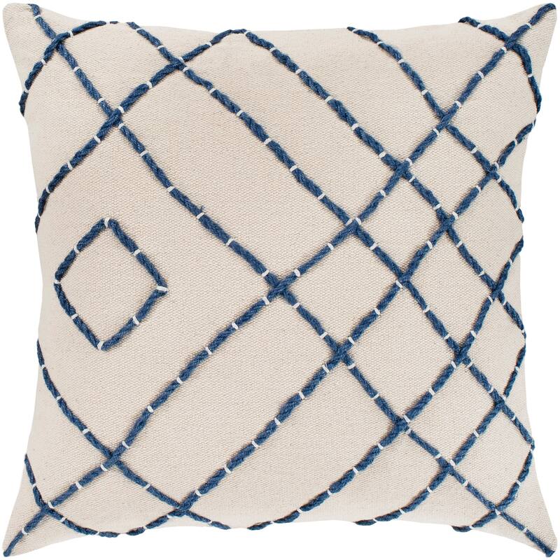 Livabliss Kelby Cream & Navy Hand Embroidered Feather Down Throw Pillow (18" x 18")