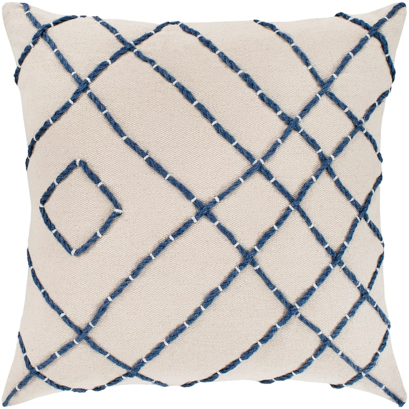 Livabliss Kelby Cream & Navy Hand Embroidered Poly Fill Throw Pillow (18" x 18")