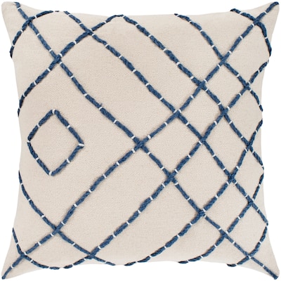 Livabliss Kelby Cream & Navy Hand Embroidered Poly Fill Throw Pillow (18" x 18")