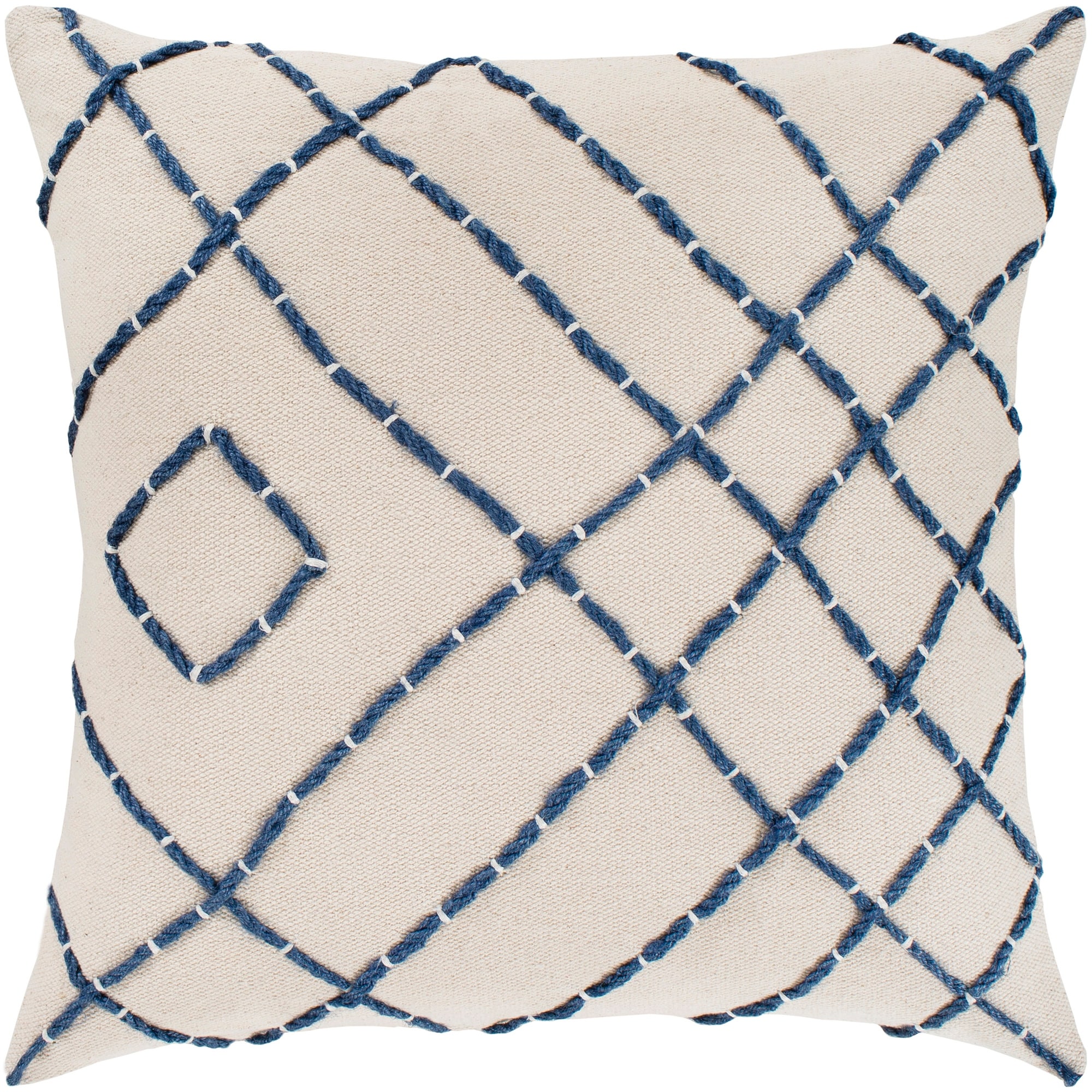 Livabliss Kelby Cream & Navy Hand Embroidered Poly Fill Throw Pillow (18" x 18")