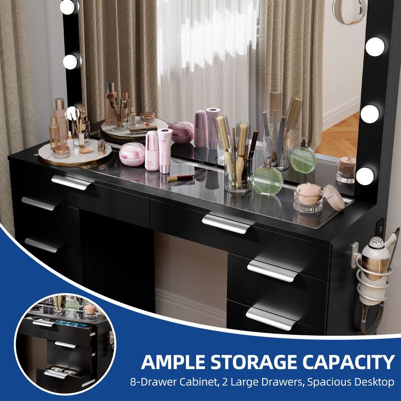 Moasis Mirror and Lights Vanity Desk Makeup Vanity Set with Glass Top and 10-Drawer, Charging Station, Dressing Table