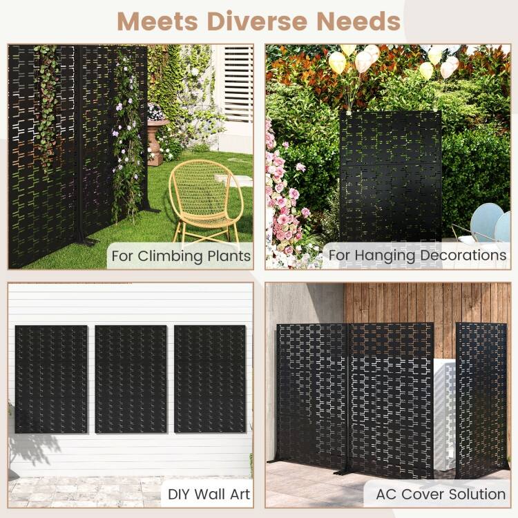 Black Metal Privacy Screen Panel with Freestanding Base and Decorative Design - 48" x 16" x 72" (L x W x H)