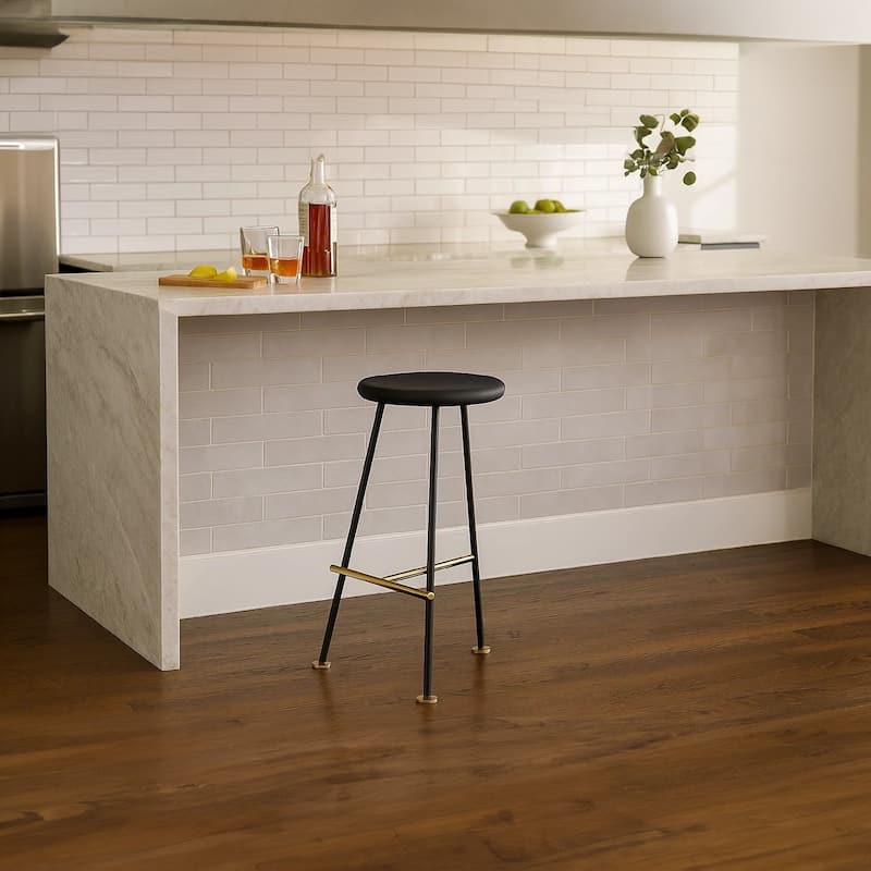 Elira 24.5 Backless Barstool with Round Mango Wood Seat | PVD Coating | Black Iron Legs | Gold Footrest