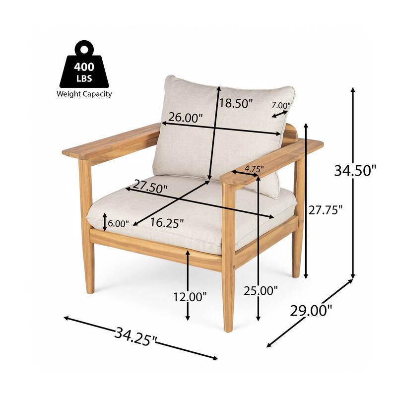 Roomfitters Terassi Outdoor Acacia Wood Lounge Chair with Cushions, Teak Finish and Beige Fabric