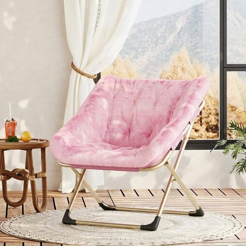 Faux Fur Saucer Foldable Comfy Lazy Sofa Chair for Bedroom Dorm Gaming Room Living Room - Pink