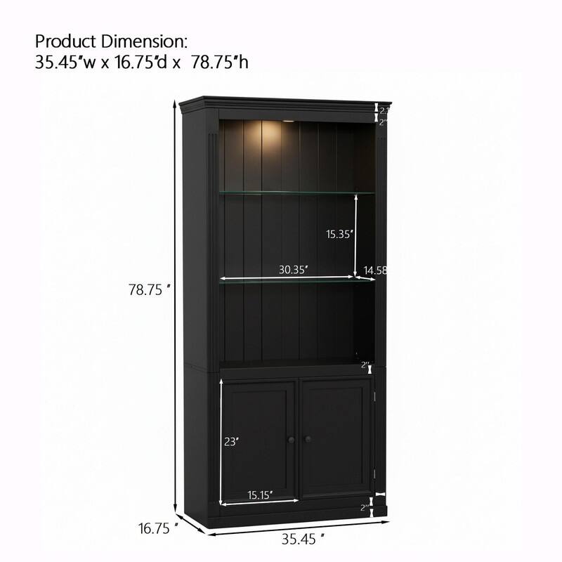 78.75" Farmhouse 4-Tier Display Bookcase with Dimmable LED Light, Glass Shelves & Storage Doors