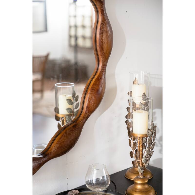 32.28" Solid Wood Round Mirror, Rustic Farmhouse Wavy Irregular Decorative Wall Mirror - Walnut