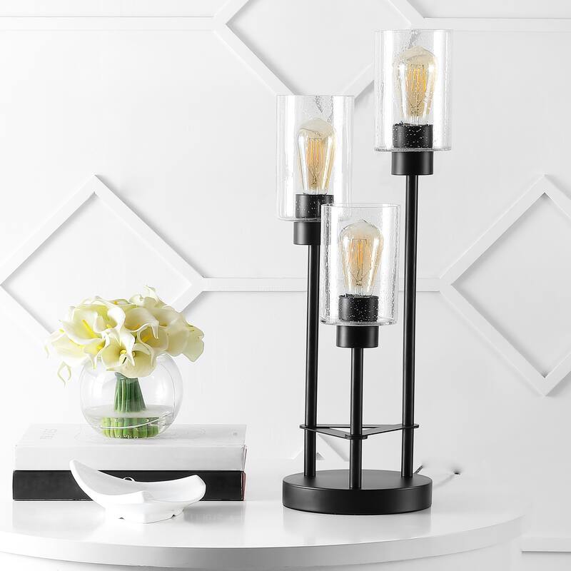 Juliana Modern 20.5" 3-Light Iron/Seeded Glass Modern Industrial LED Table Lamp, Black by JONATHAN Y - 1 Bulb