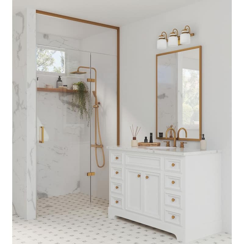 Fessler Collection Three-Light Vintage Brass Opal Glass Farmhouse Bath Light - 21.12 in x 7.12 in x 9.12 in