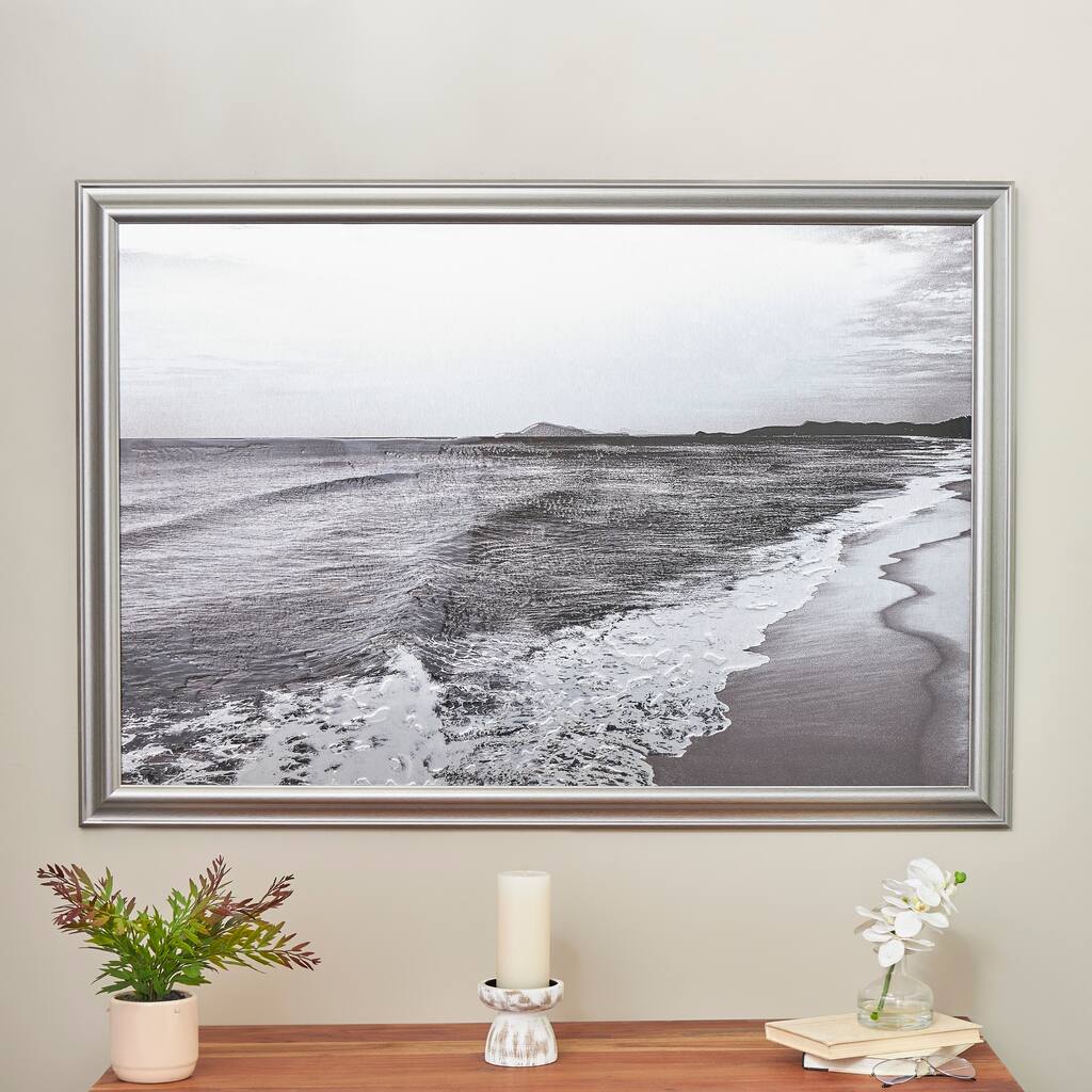 Silver Polystone Textured Ocean Landscape Wall Art with Black and White Accents