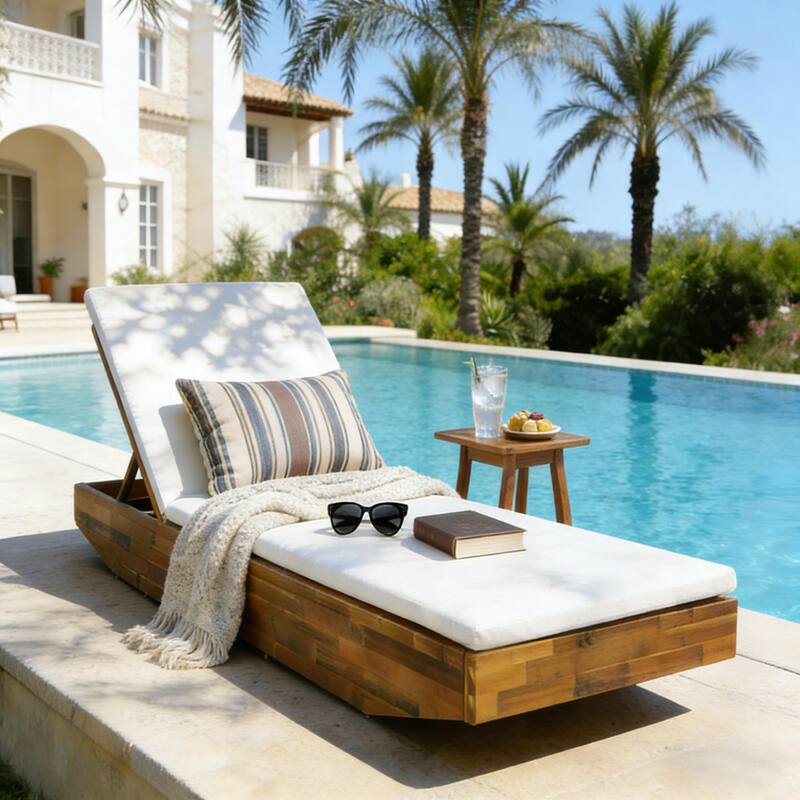 Christopher Knight Home - Outdoor Acacia Wood Chaise Lounge with Ergonomic 2-Fold Thin Water-Repellent Cushion - 79.6"L