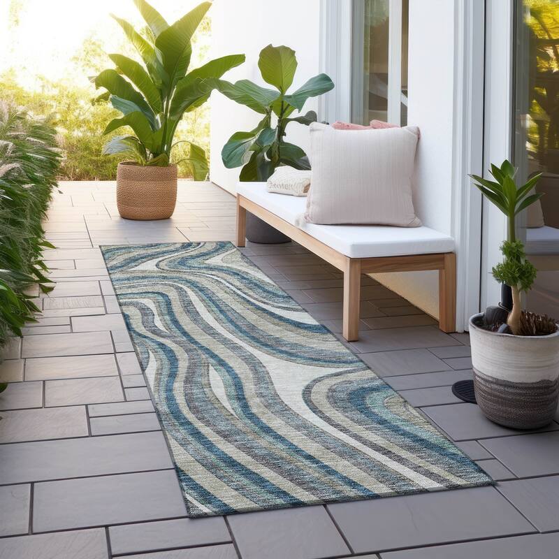 Machine Washable Indoor/ Outdoor Chantille Contemporary Abstract Rug - Teal - 2'3" x 7'6"