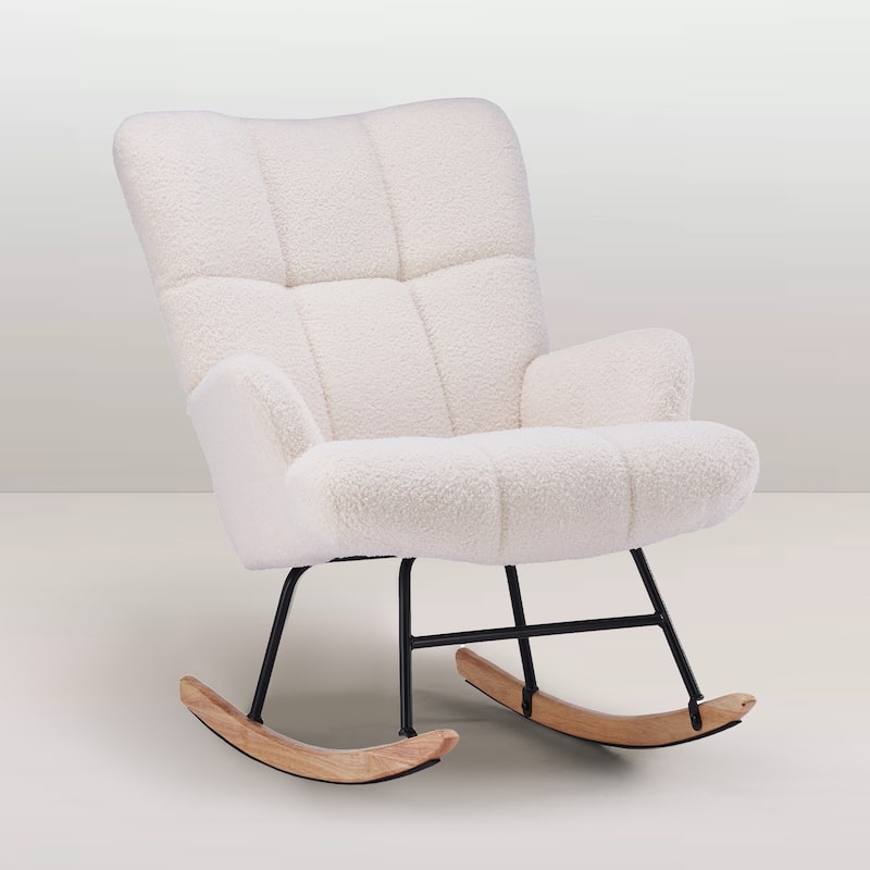 FERPIT Rocking Accent Chair Teddy Upholstered Glider Nursery Accent Chair Padded Seat with High Backrest for Living Room - White Rocking chair